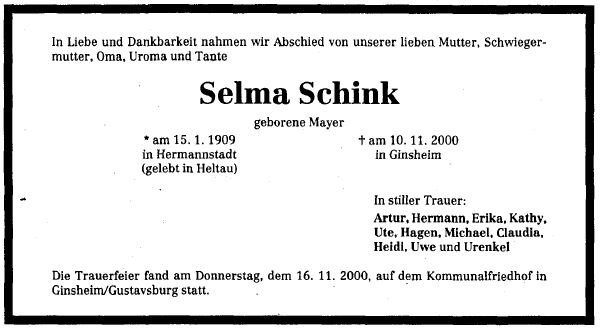 Mayer Selma 1909-2000 Todesanzeige